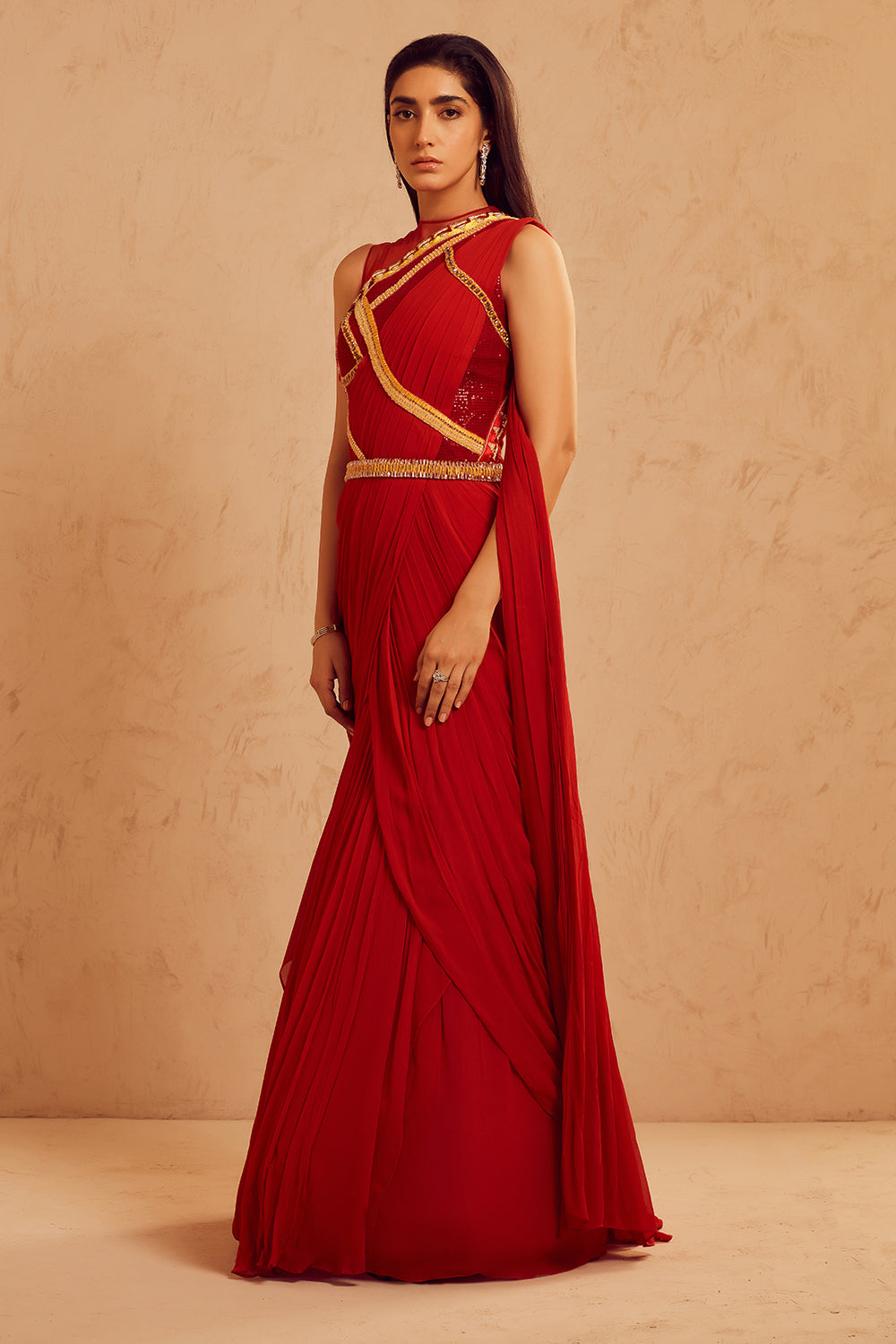 Red Colour Crepe Designer Saree Gown Online – Panache Haute Couture